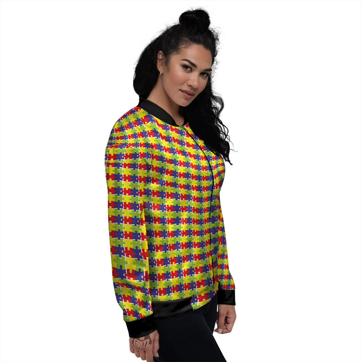 Jigsaw Autism Awareness Print Women's Bomber Jacket-grizzshop