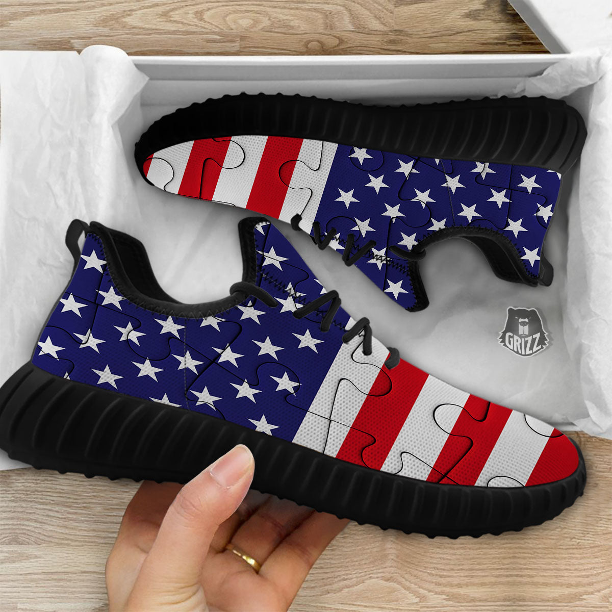 Jigsaw Puzzle American Flag Print Black Walking Shoes-grizzshop