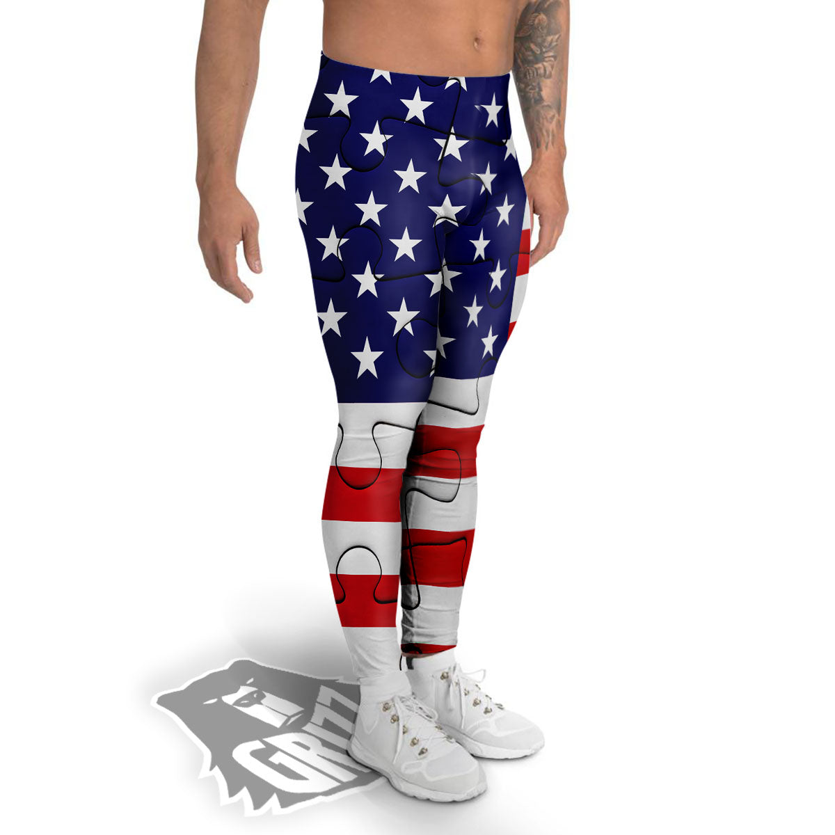 Jigsaw Puzzle American Flag Print Men's Leggings-grizzshop
