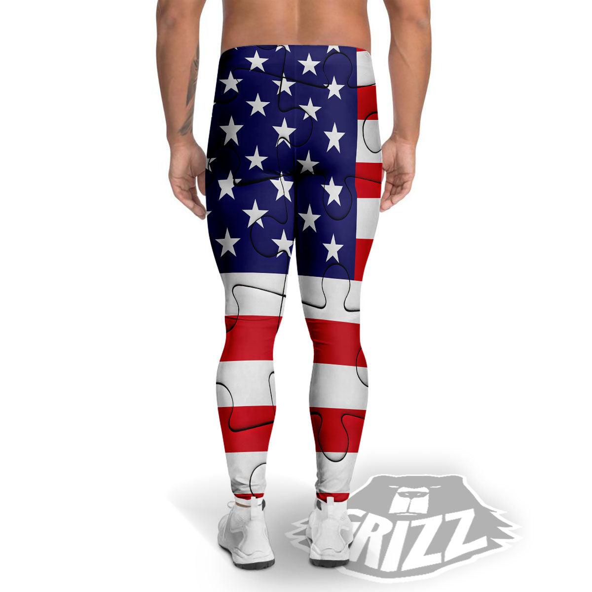 Jigsaw Puzzle American Flag Print Men's Leggings-grizzshop