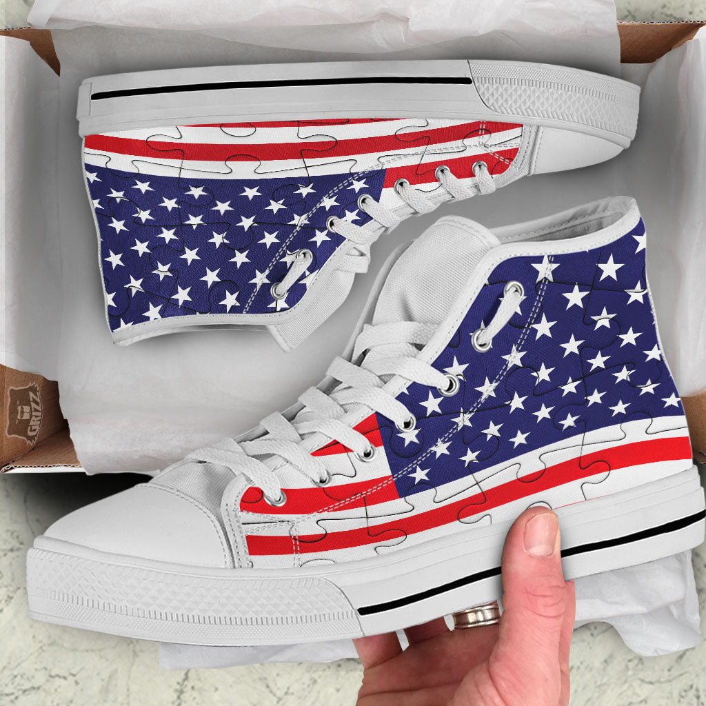 Jigsaw Puzzle American Flag Print White High Top Shoes-grizzshop