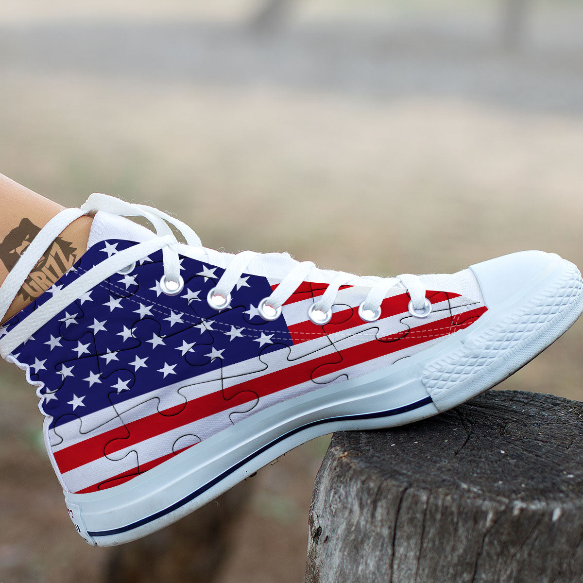 Jigsaw Puzzle American Flag Print White High Top Shoes-grizzshop