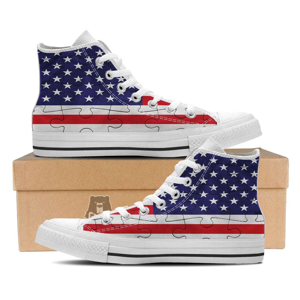 Jigsaw Puzzle American Flag Print White High Top Shoes-grizzshop