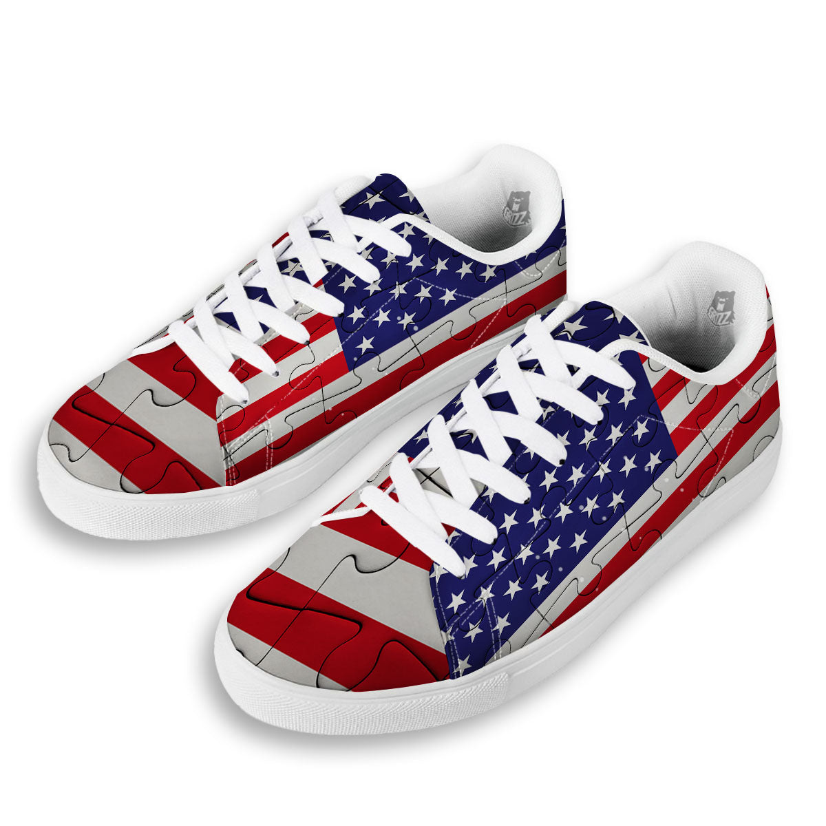 Jigsaw Puzzle American Flag Print White Low Top Sneakers-grizzshop