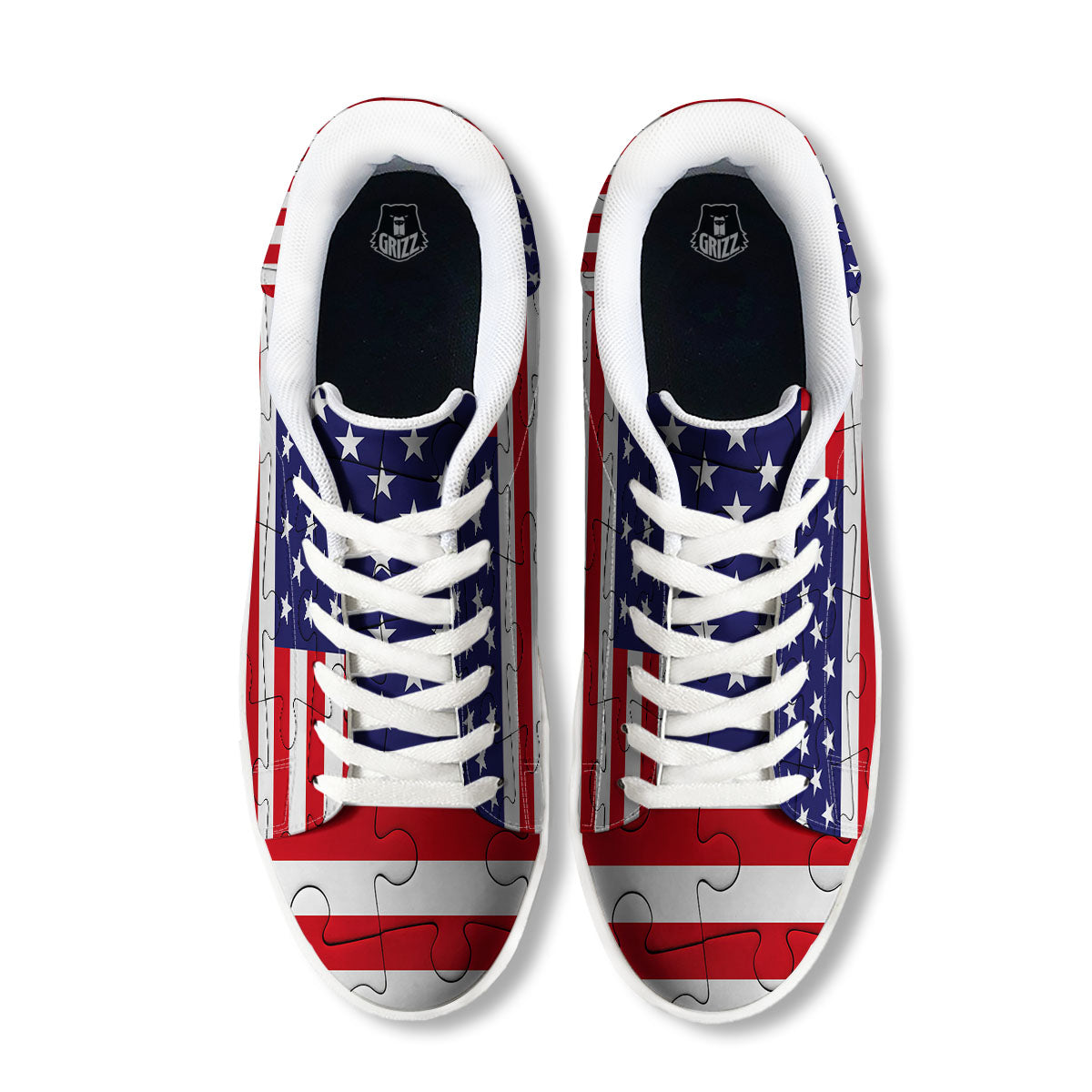 Jigsaw Puzzle American Flag Print White Low Top Sneakers-grizzshop