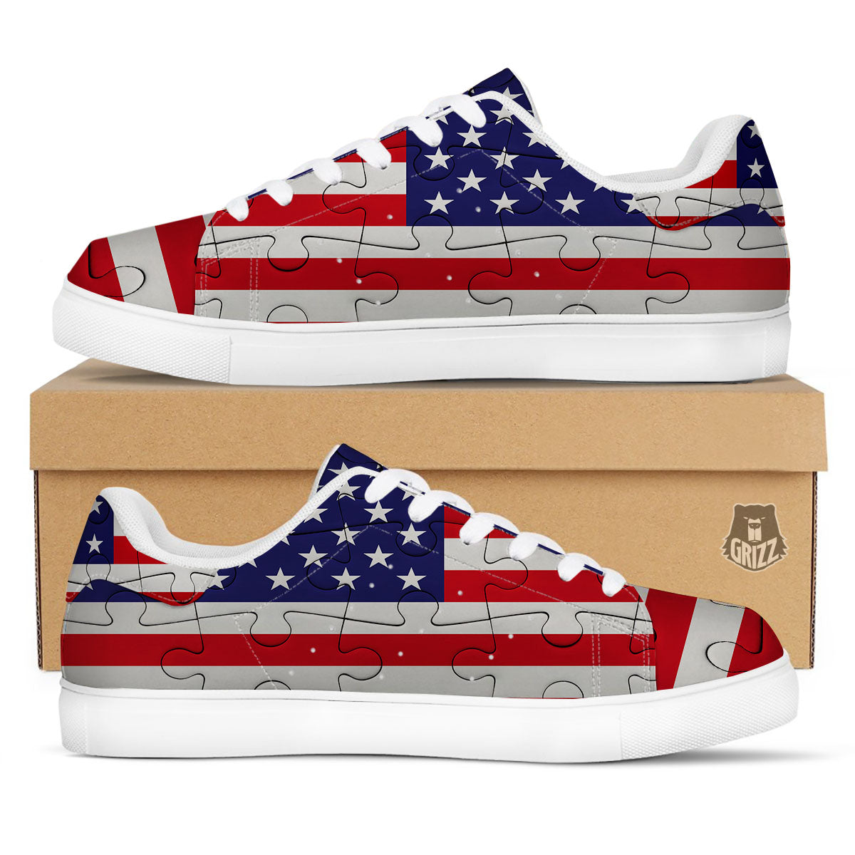 Jigsaw Puzzle American Flag Print White Low Top Sneakers-grizzshop