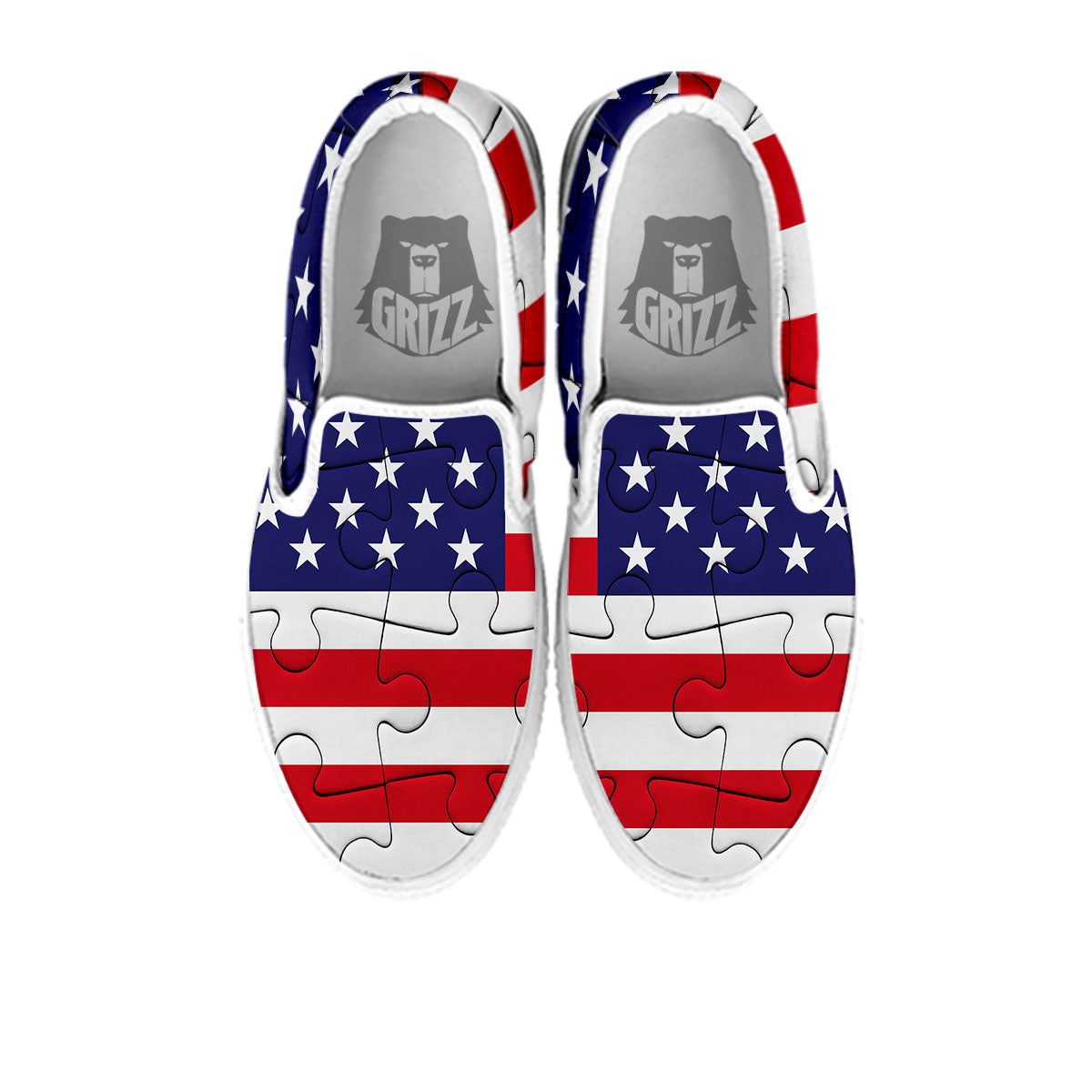 Jigsaw Puzzle American Flag Print White Slip On Shoes-grizzshop
