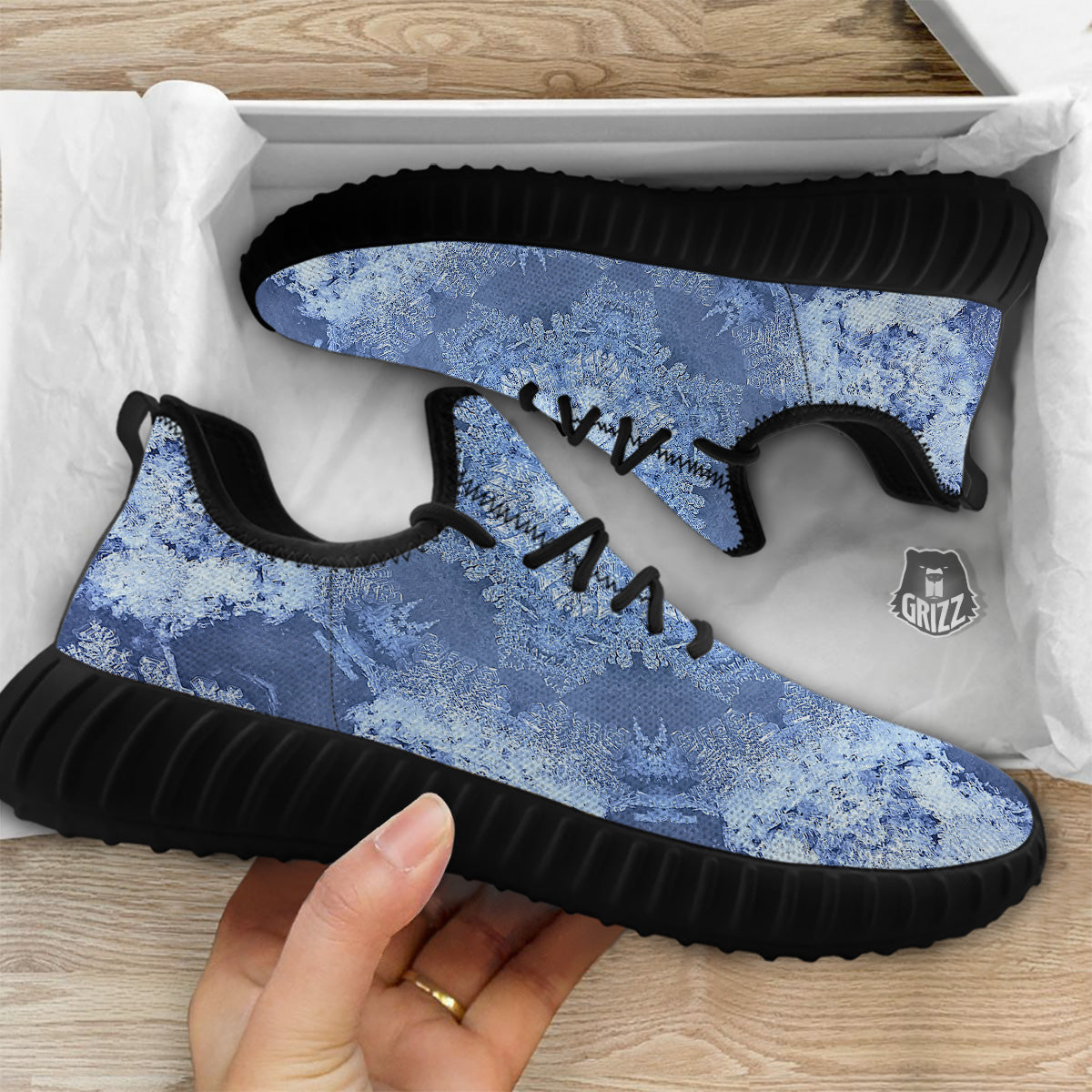 Kaleidoscope Blue Snowflake Print Black Walking Shoes-grizzshop