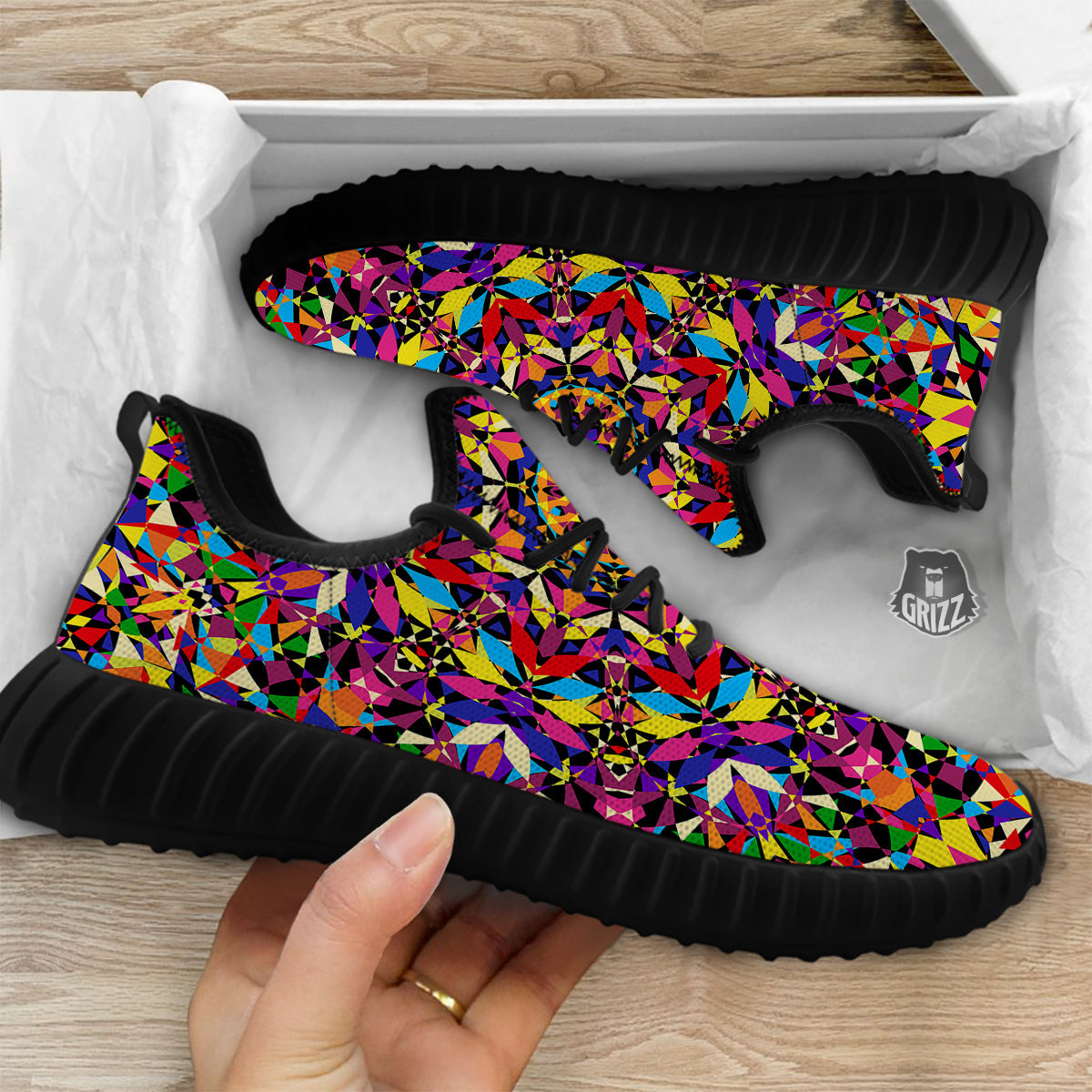 Kaleidoscope Colorful Print Black Walking Shoes-grizzshop