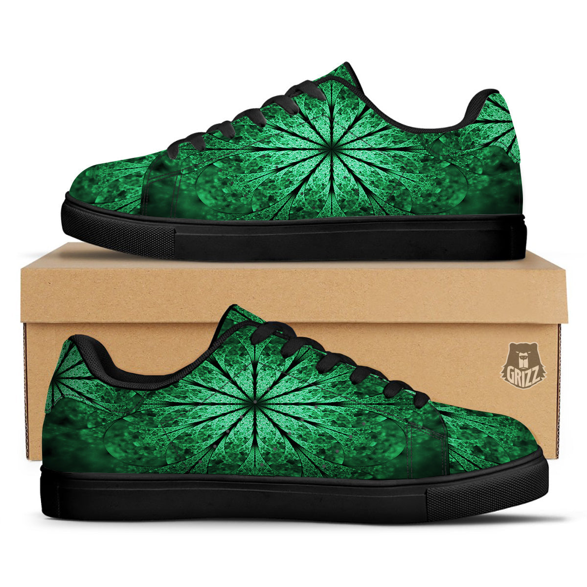 Kaleidoscope Dark Green Print Black Low Top Sneakers-grizzshop