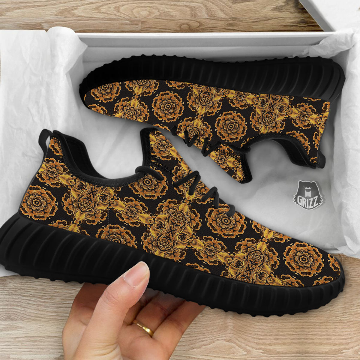 Kaleidoscope Gold Print Black Walking Shoes-grizzshop