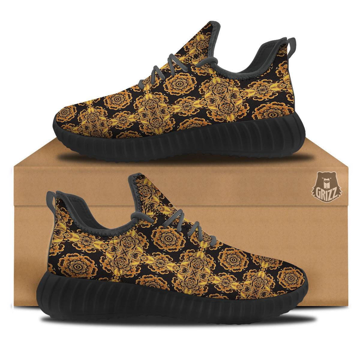 Kaleidoscope Gold Print Black Walking Shoes-grizzshop