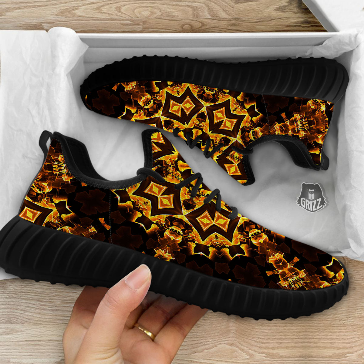 Kaleidoscope Lights Gold Print Black Walking Shoes-grizzshop