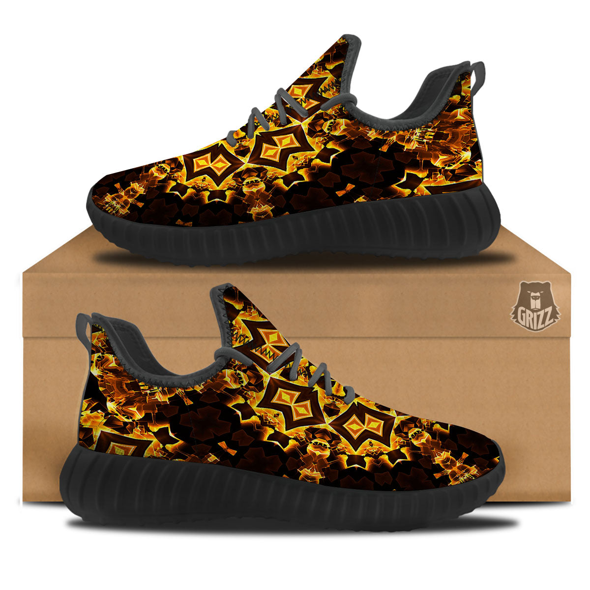 Kaleidoscope Lights Gold Print Black Walking Shoes-grizzshop