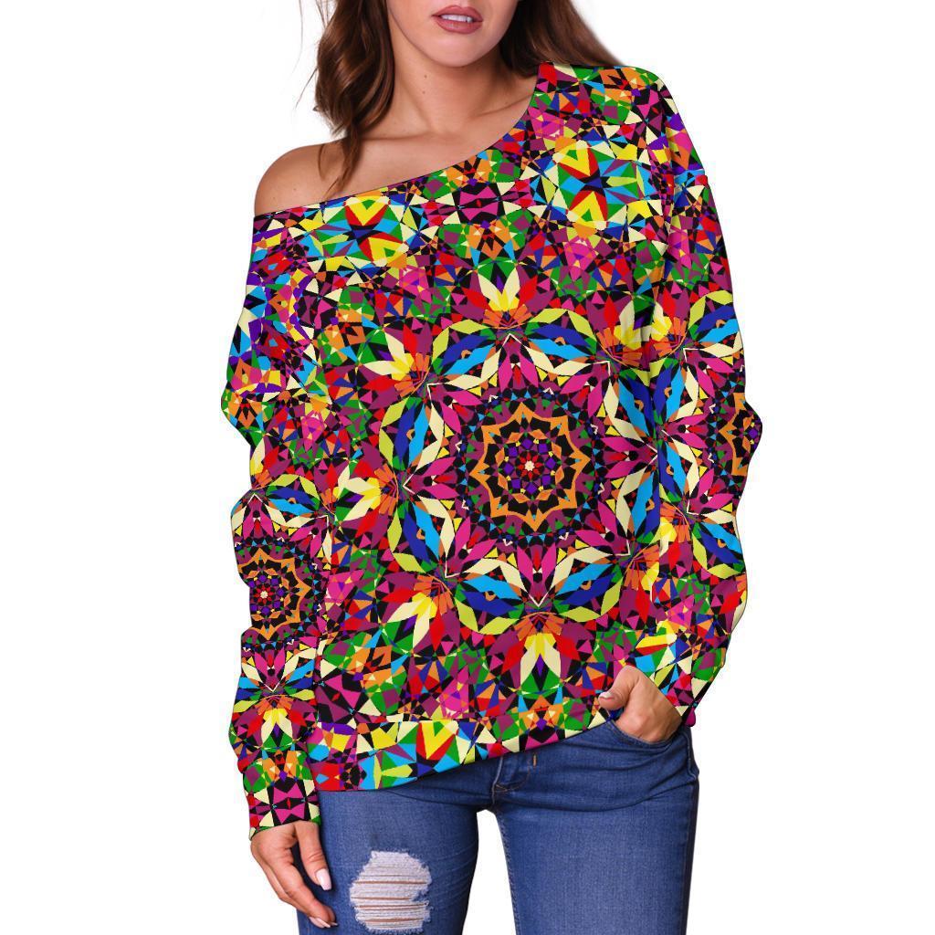 Kaleidoscope Pattern Print Women Off Shoulder Sweatshirt-grizzshop