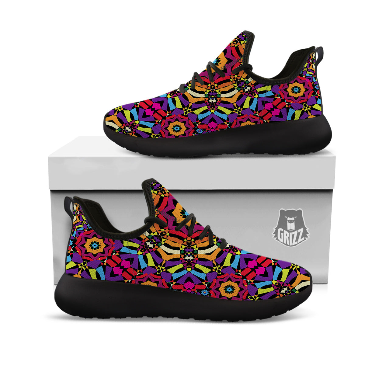 Kaleidoscope Psychedelic Colorful Print Black Athletic Shoes-grizzshop
