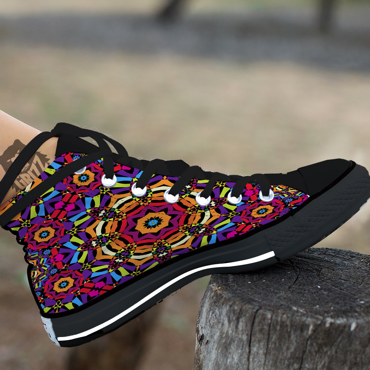 Kaleidoscope Psychedelic Colorful Print Black High Top Shoes-grizzshop
