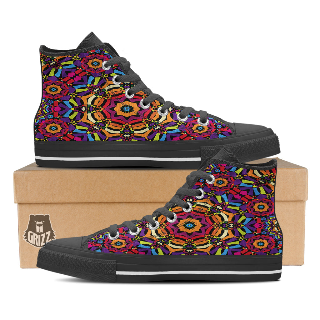 Kaleidoscope Psychedelic Colorful Print Black High Top Shoes-grizzshop