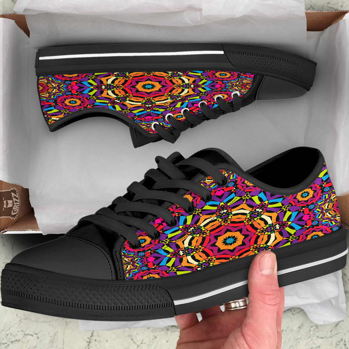 Kaleidoscope Psychedelic Colorful Print Black Low Top Shoes-grizzshop