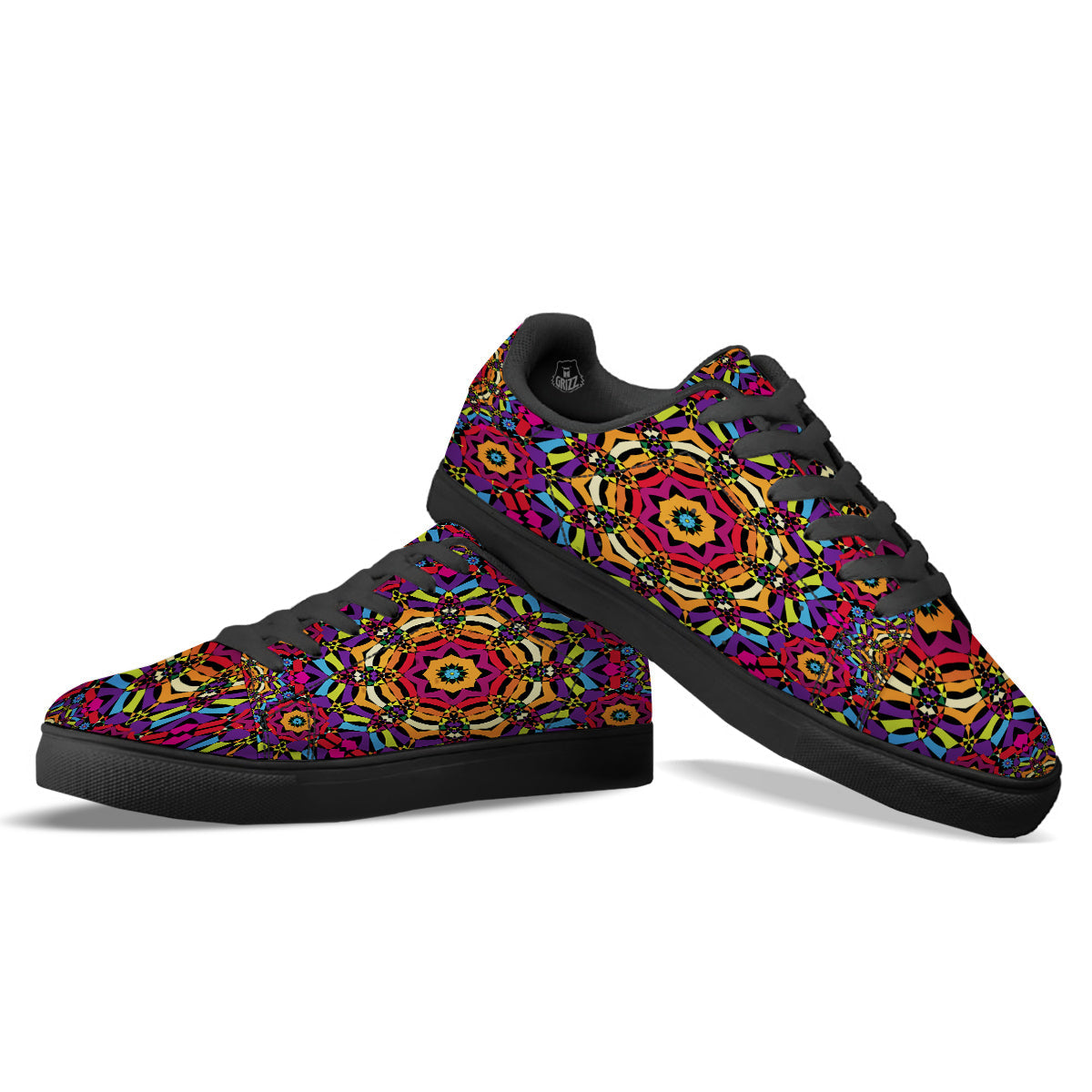 Kaleidoscope Psychedelic Colorful Print Black Low Top Sneakers-grizzshop