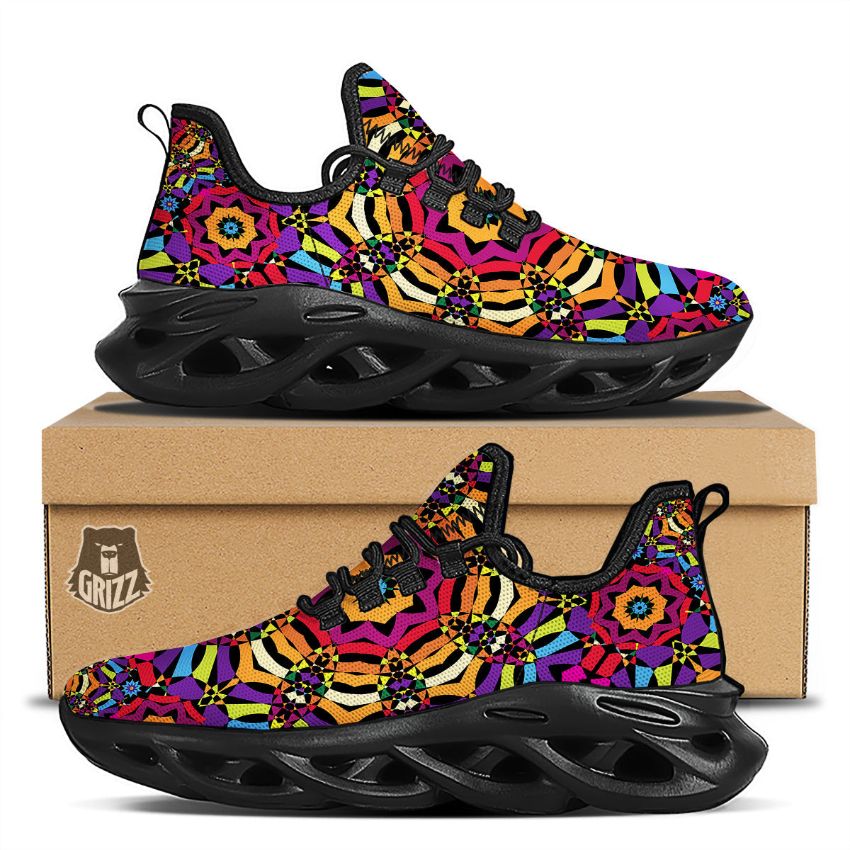 Kaleidoscope Psychedelic Colorful Print Black Running Shoes-grizzshop
