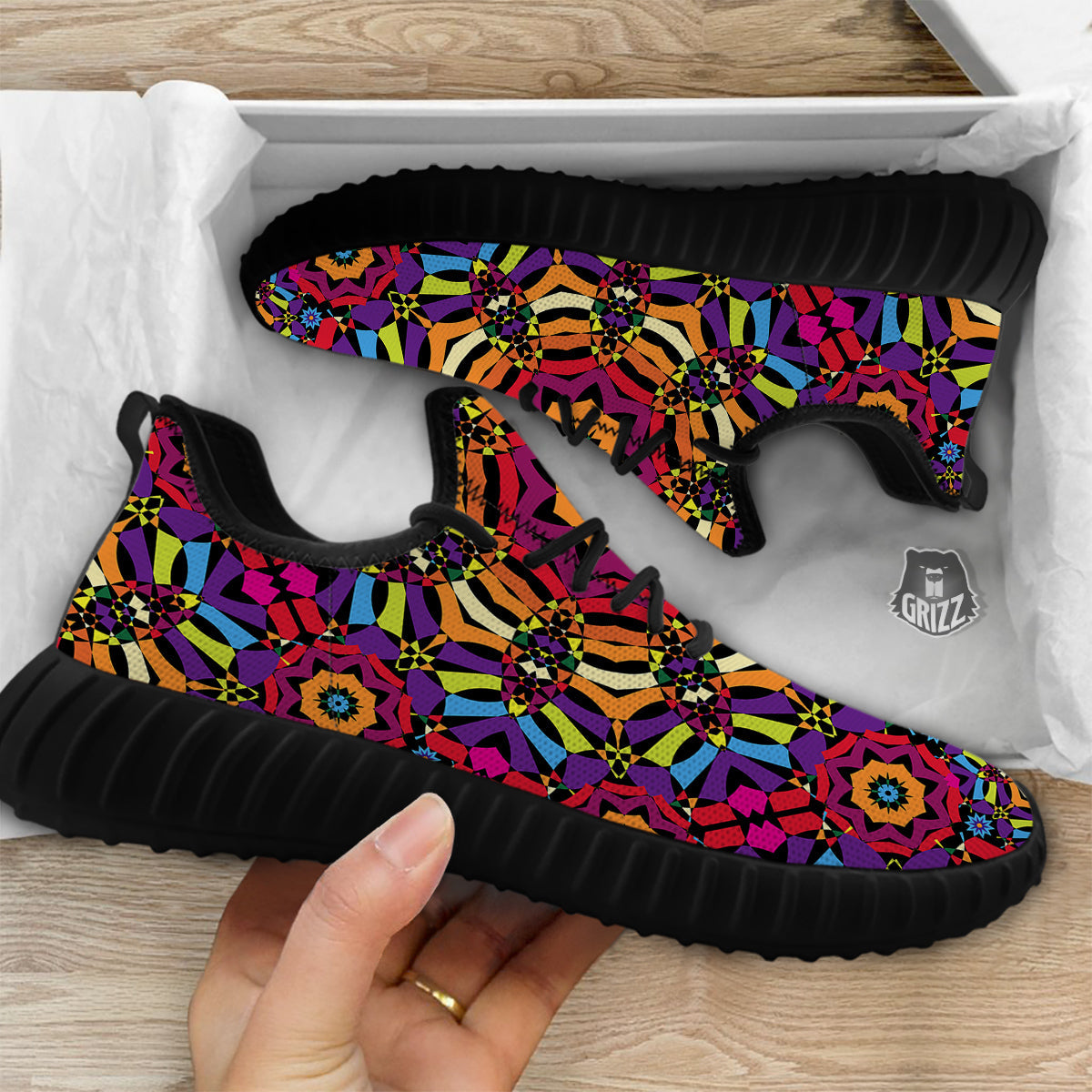 Kaleidoscope Psychedelic Colorful Print Black Walking Shoes-grizzshop