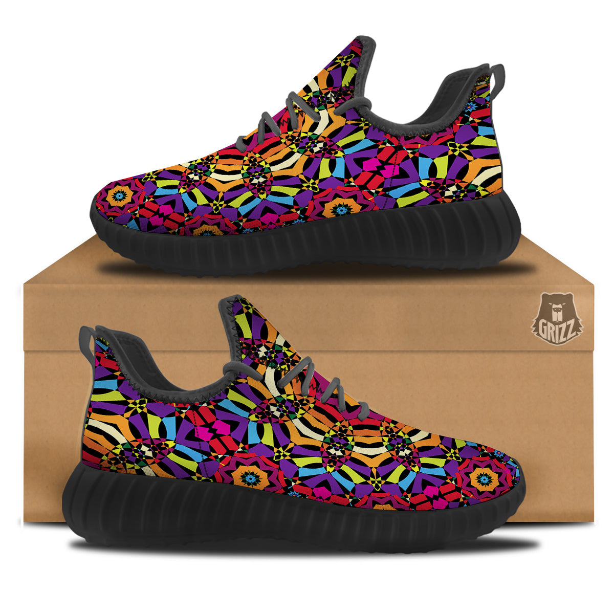 Kaleidoscope Psychedelic Colorful Print Black Walking Shoes-grizzshop