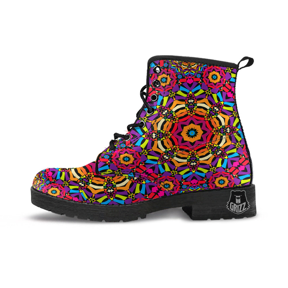 Kaleidoscope Psychedelic Colorful Print Leather Boots-grizzshop