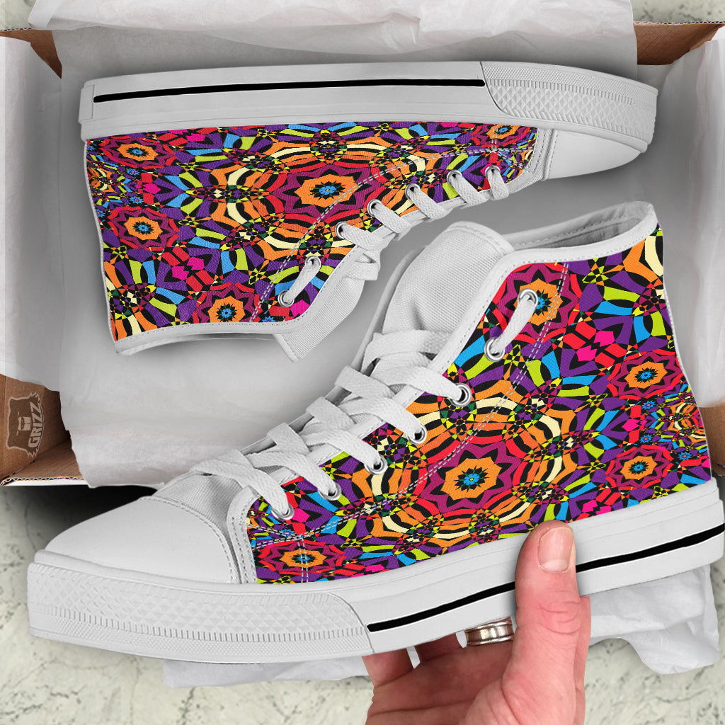 Kaleidoscope Psychedelic Colorful Print White High Top Shoes-grizzshop