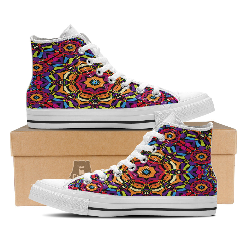 Kaleidoscope Psychedelic Colorful Print White High Top Shoes-grizzshop