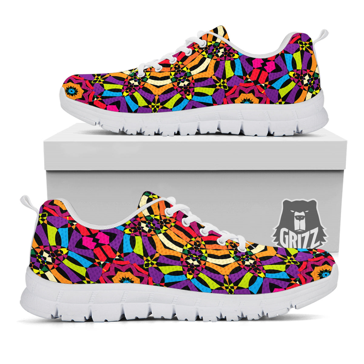 Kaleidoscope Psychedelic Colorful Print White Sneaker-grizzshop