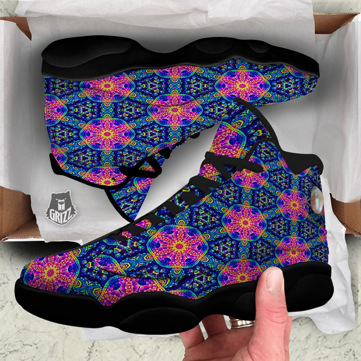Kaleidoscope Psychedelic Print Pattern Black Basketball Shoes-grizzshop