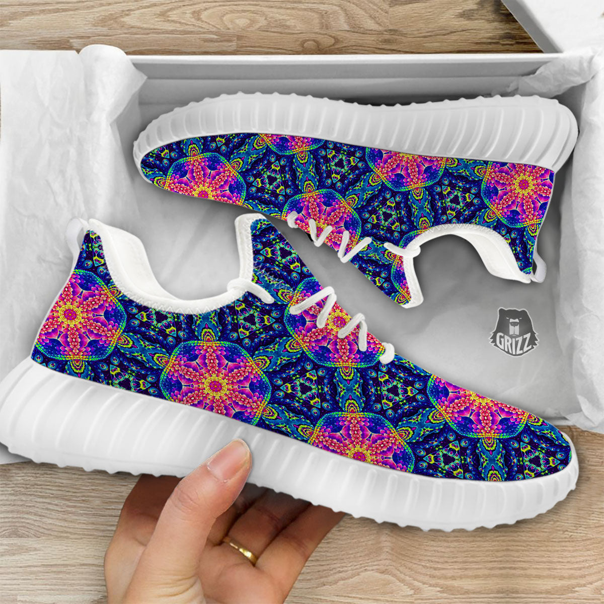 Kaleidoscope Psychedelic Print Pattern White Walking Shoes-grizzshop