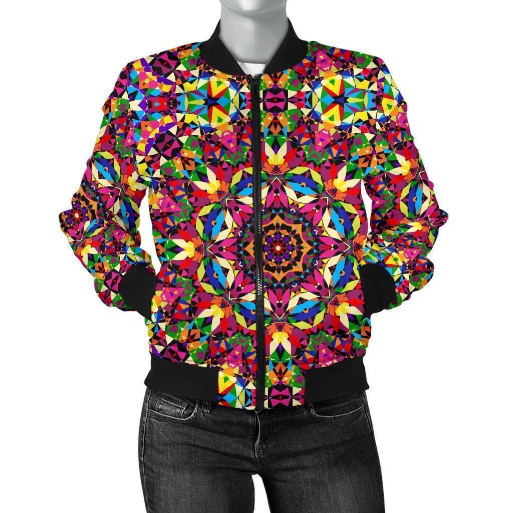 Kaleidoscope Pattern Print Women Casual Bomber Jacket-grizzshop