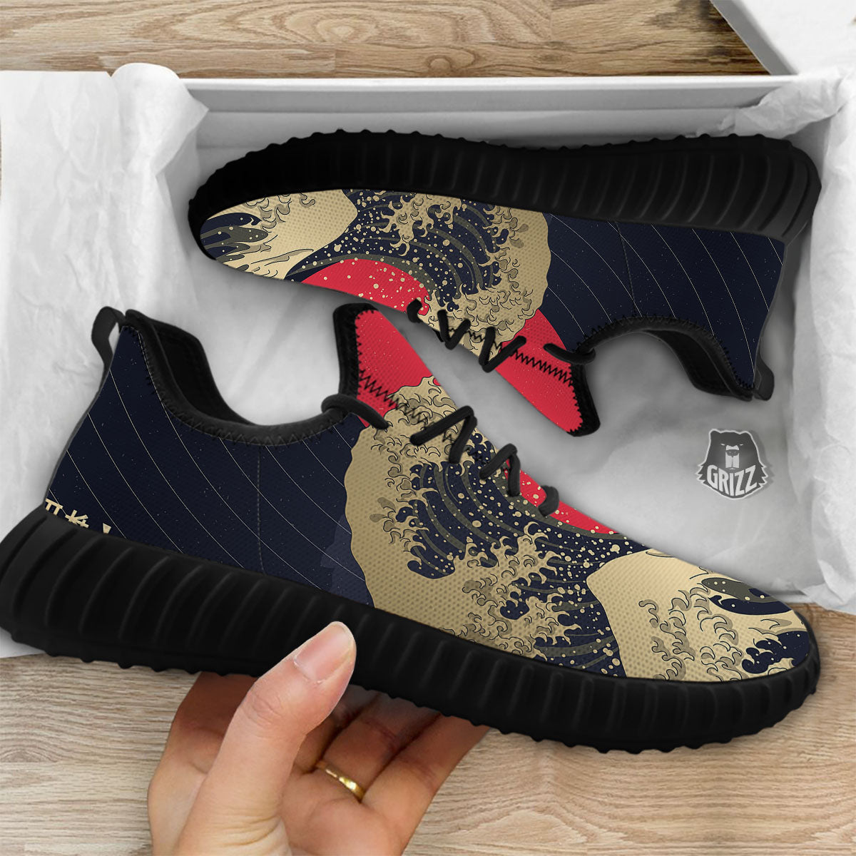 Kanagawa Wave Golden Print Black Walking Shoes-grizzshop