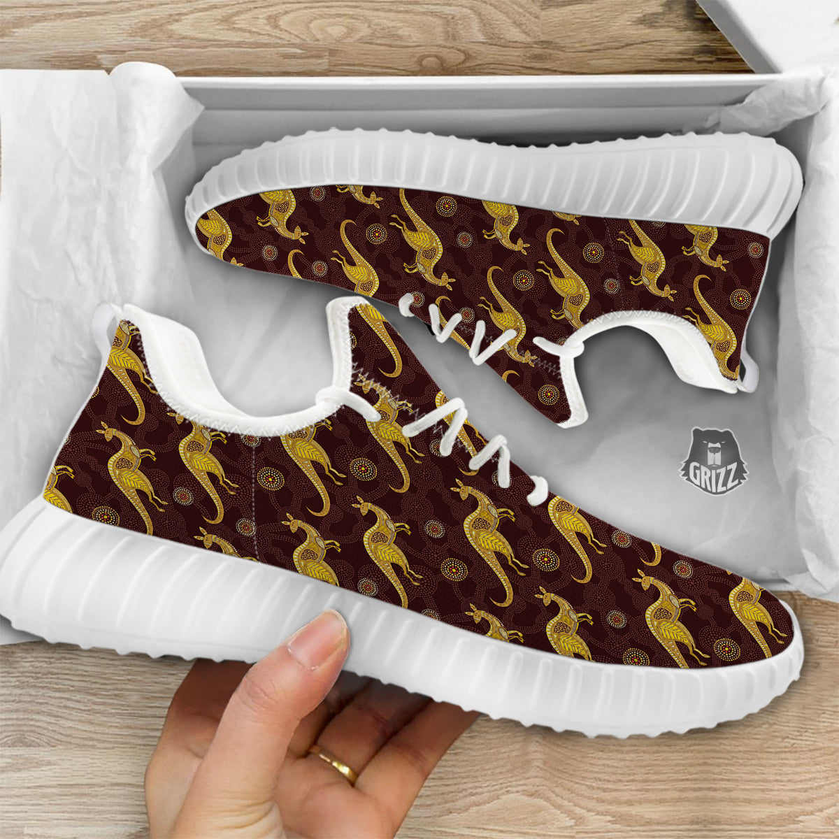 Kangaroo Aboriginal Print Pattern White Walking Shoes-grizzshop