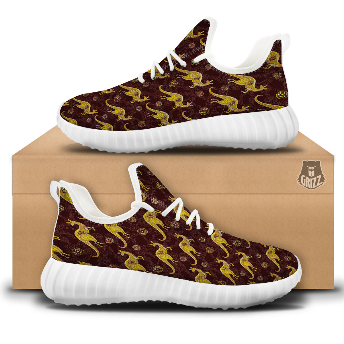Kangaroo Aboriginal Print Pattern White Walking Shoes-grizzshop