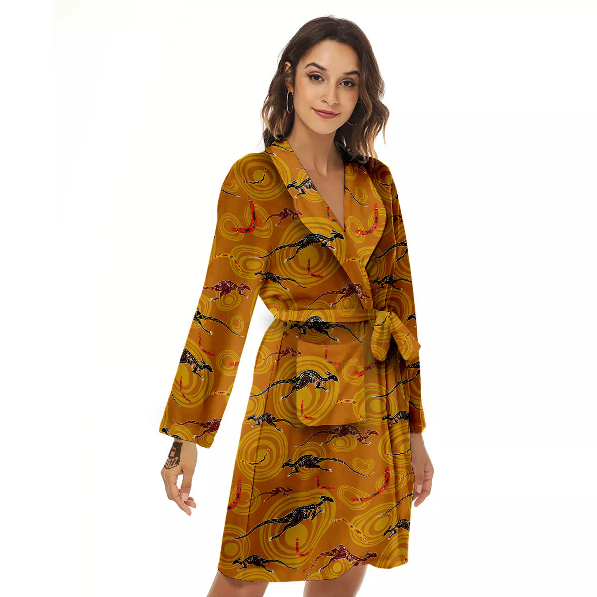 Kangaroo And Boomerang Aboriginal Print Women's Robe-grizzshop