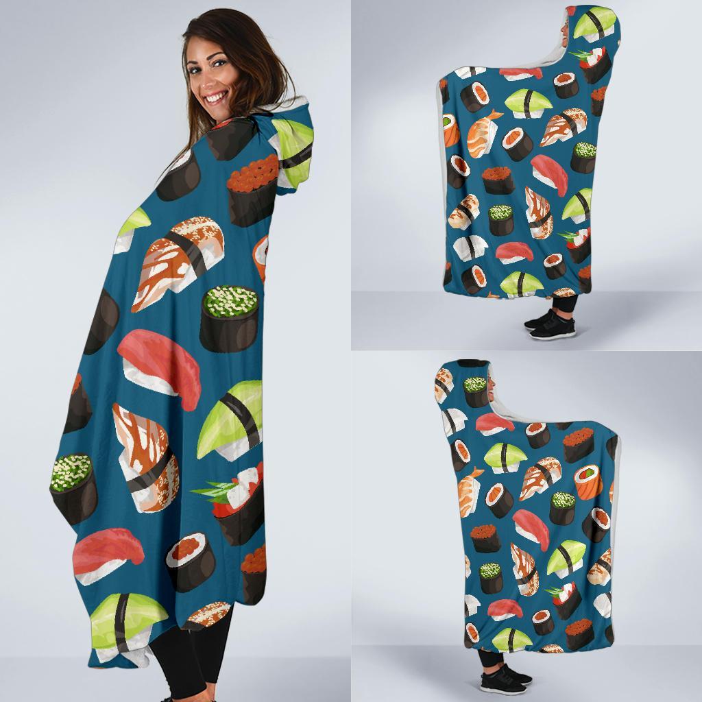 Kawaii Sushi Print Pattern Hooded Blanket-grizzshop
