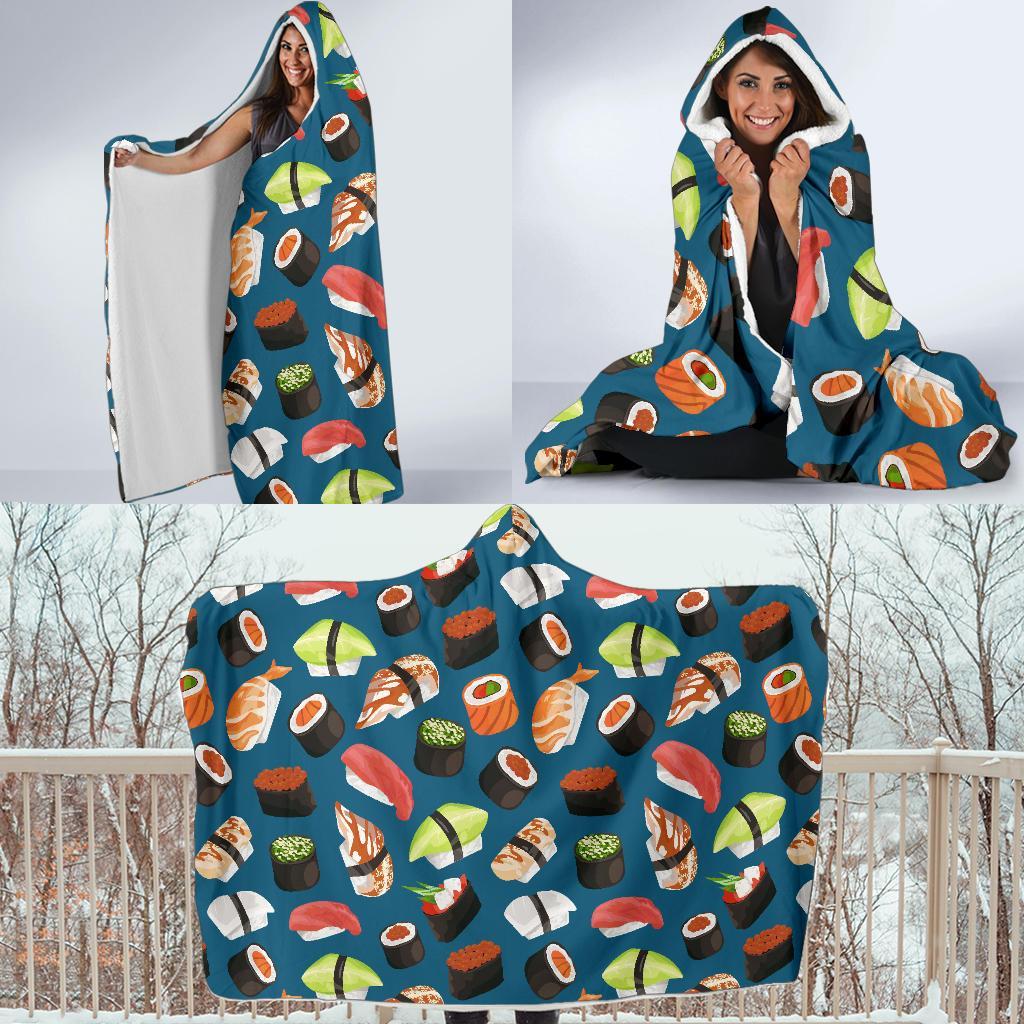 Kawaii Sushi Print Pattern Hooded Blanket-grizzshop