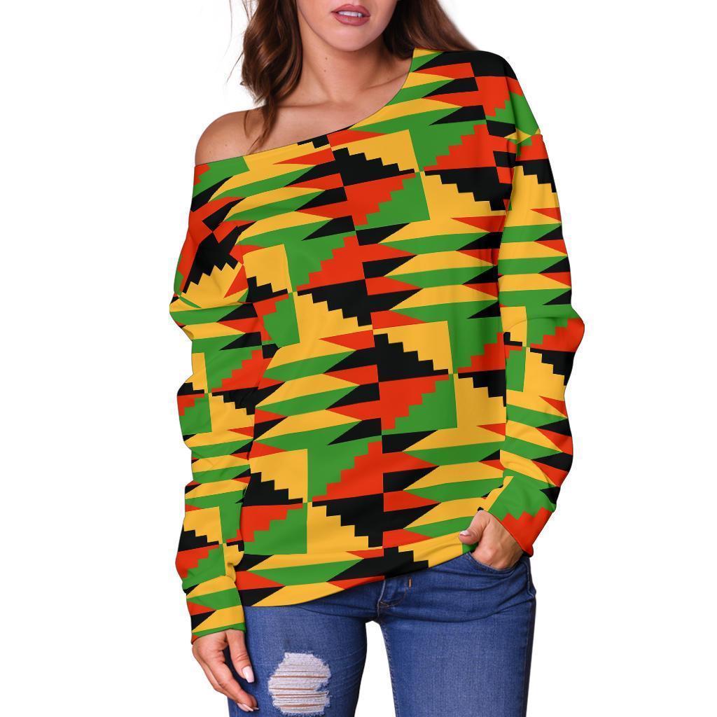 Kente African Pattern Print Women Off Shoulder Sweatshirt-grizzshop