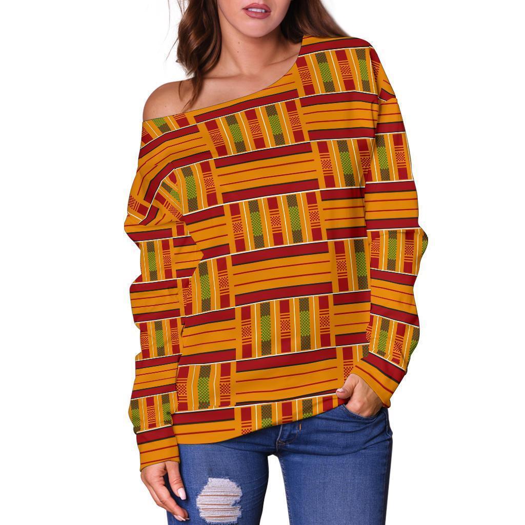 Kente African Print Pattern Women Off Shoulder Sweatshirt-grizzshop