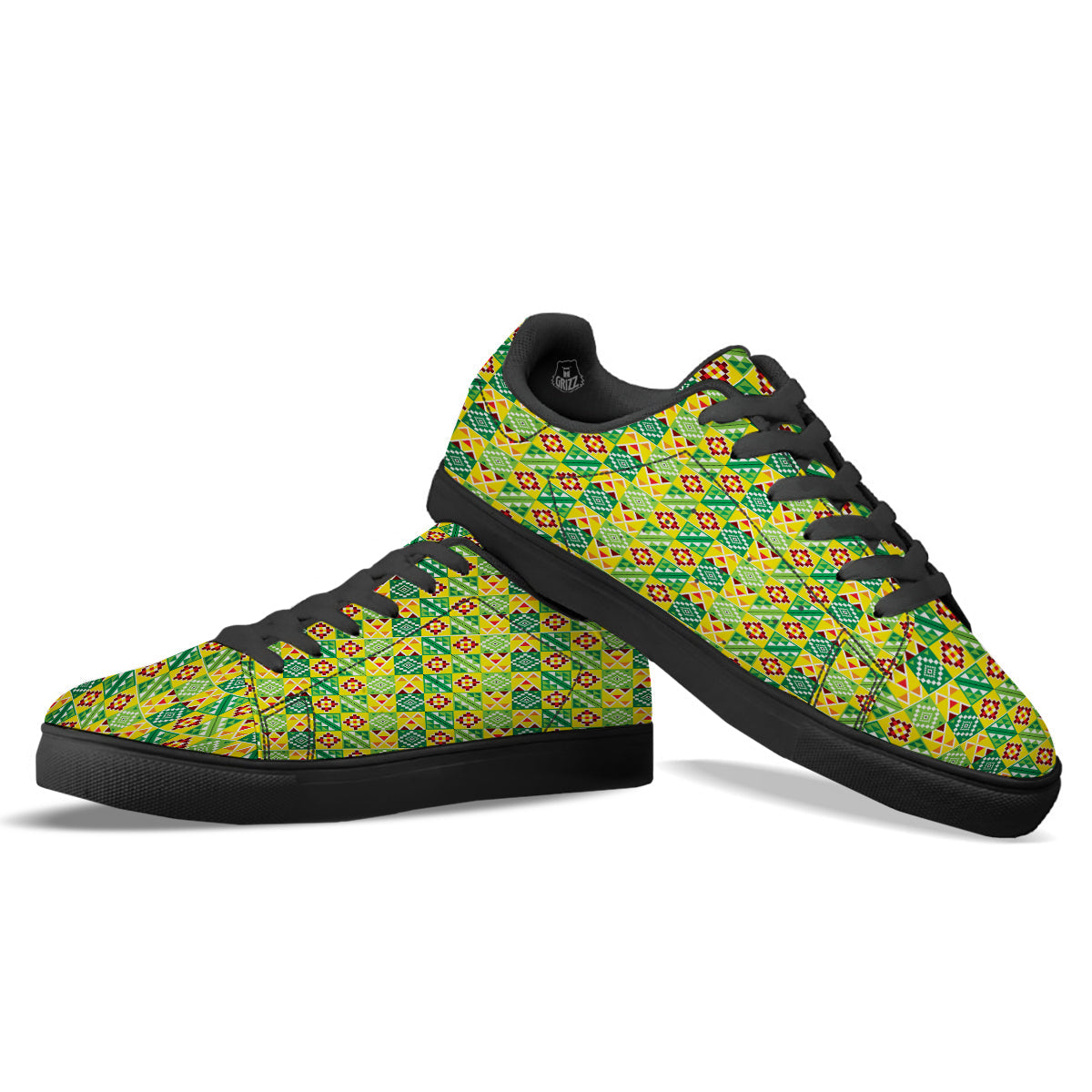 Kente Asante Print Pattern Black Low Top Sneakers-grizzshop