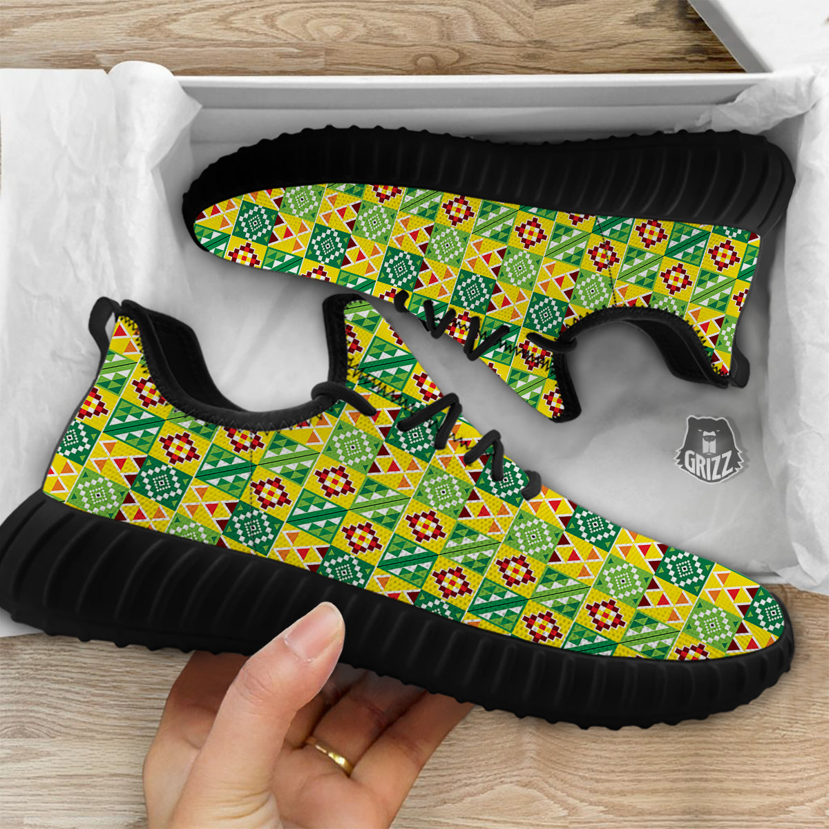 Kente Asante Print Pattern Black Walking Shoes-grizzshop