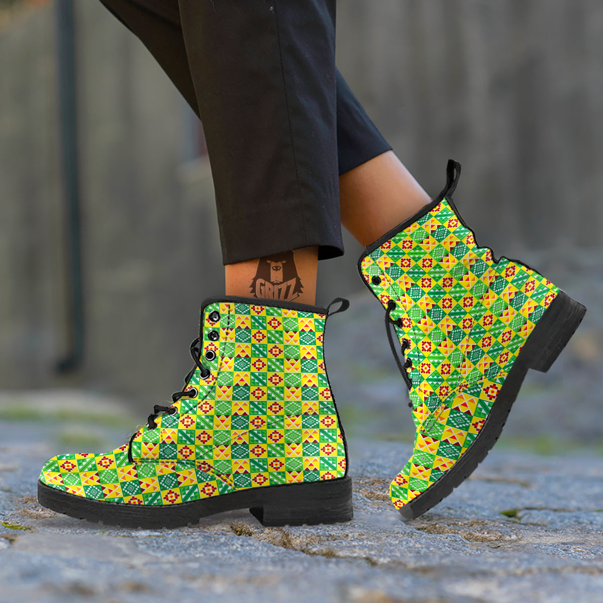 Kente Asante Print Pattern Leather Boots-grizzshop