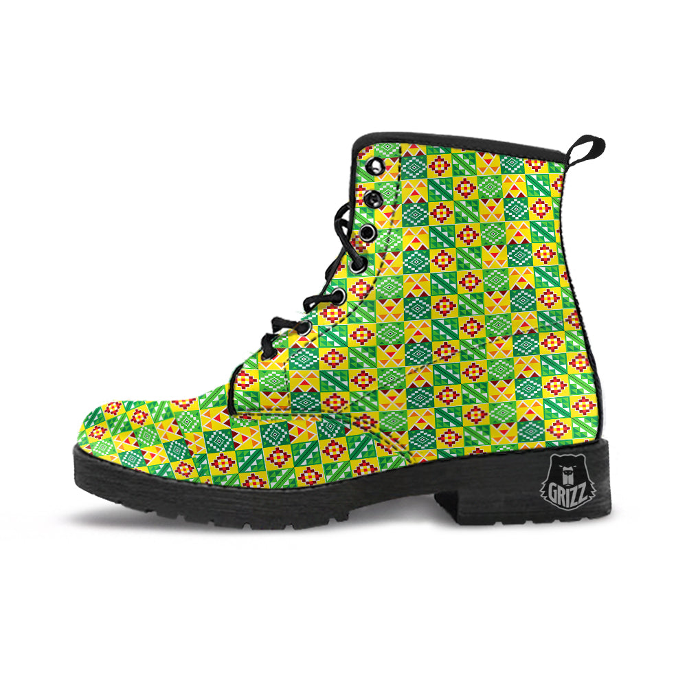 Kente Asante Print Pattern Leather Boots-grizzshop