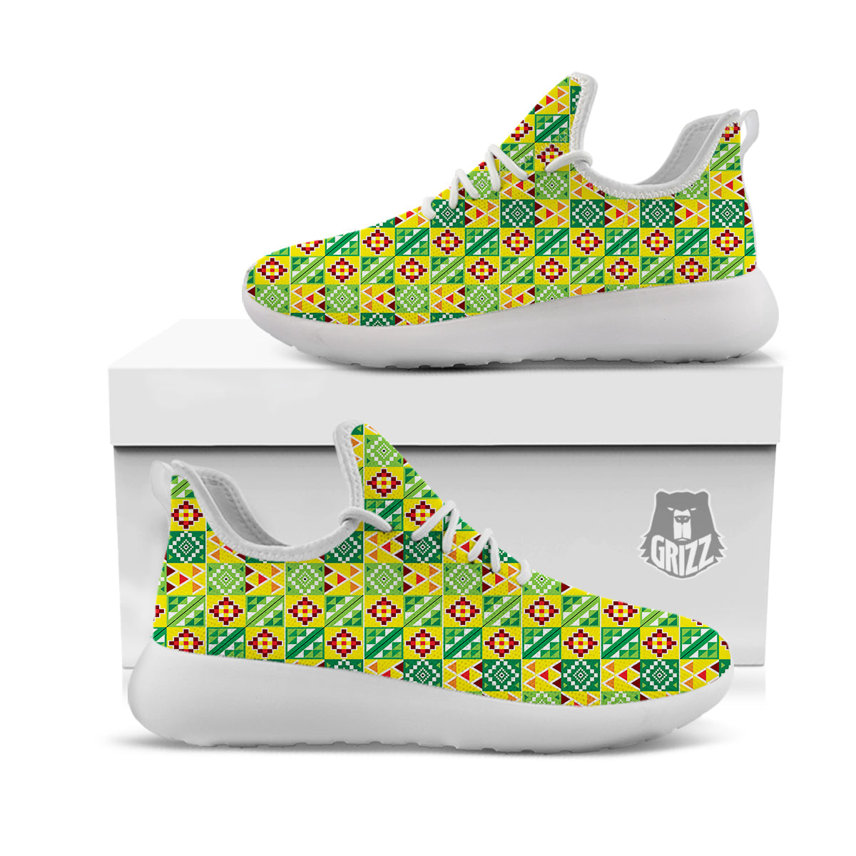 Kente Asante Print Pattern White Athletic Shoes-grizzshop