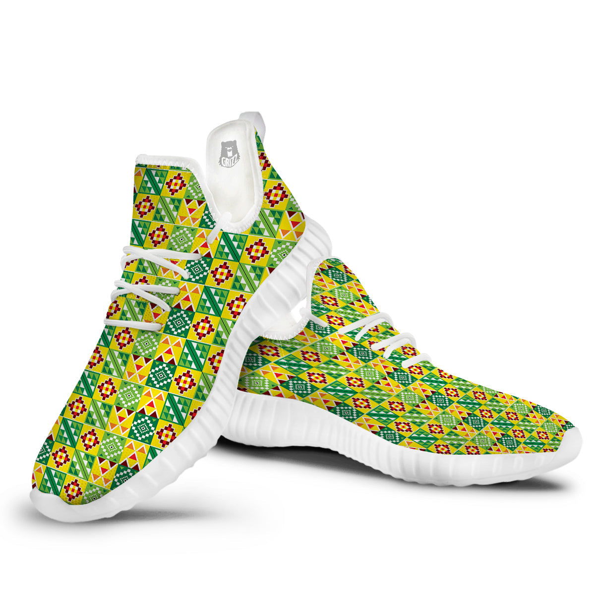 Kente Asante Print Pattern White Walking Shoes-grizzshop