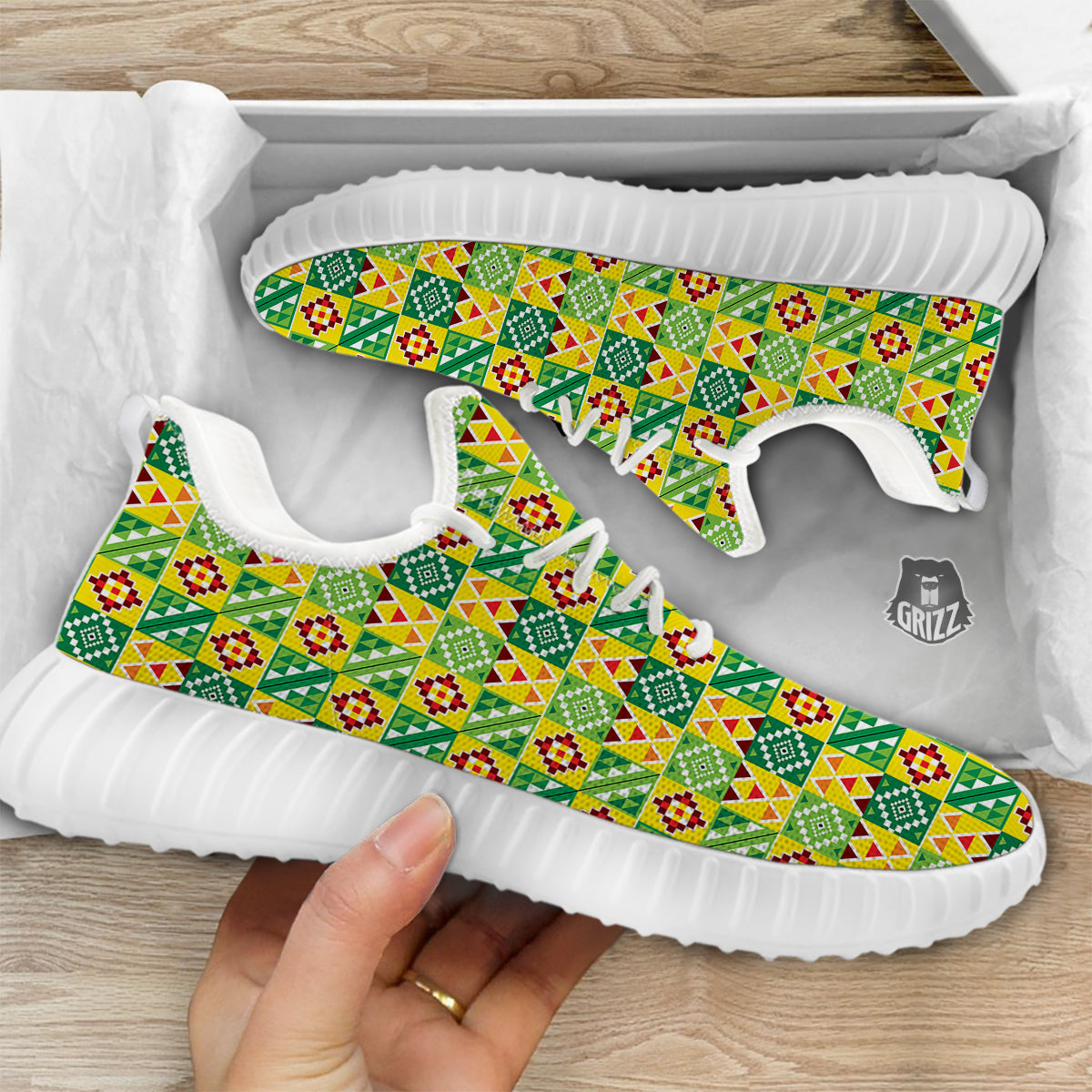 Kente Asante Print Pattern White Walking Shoes-grizzshop