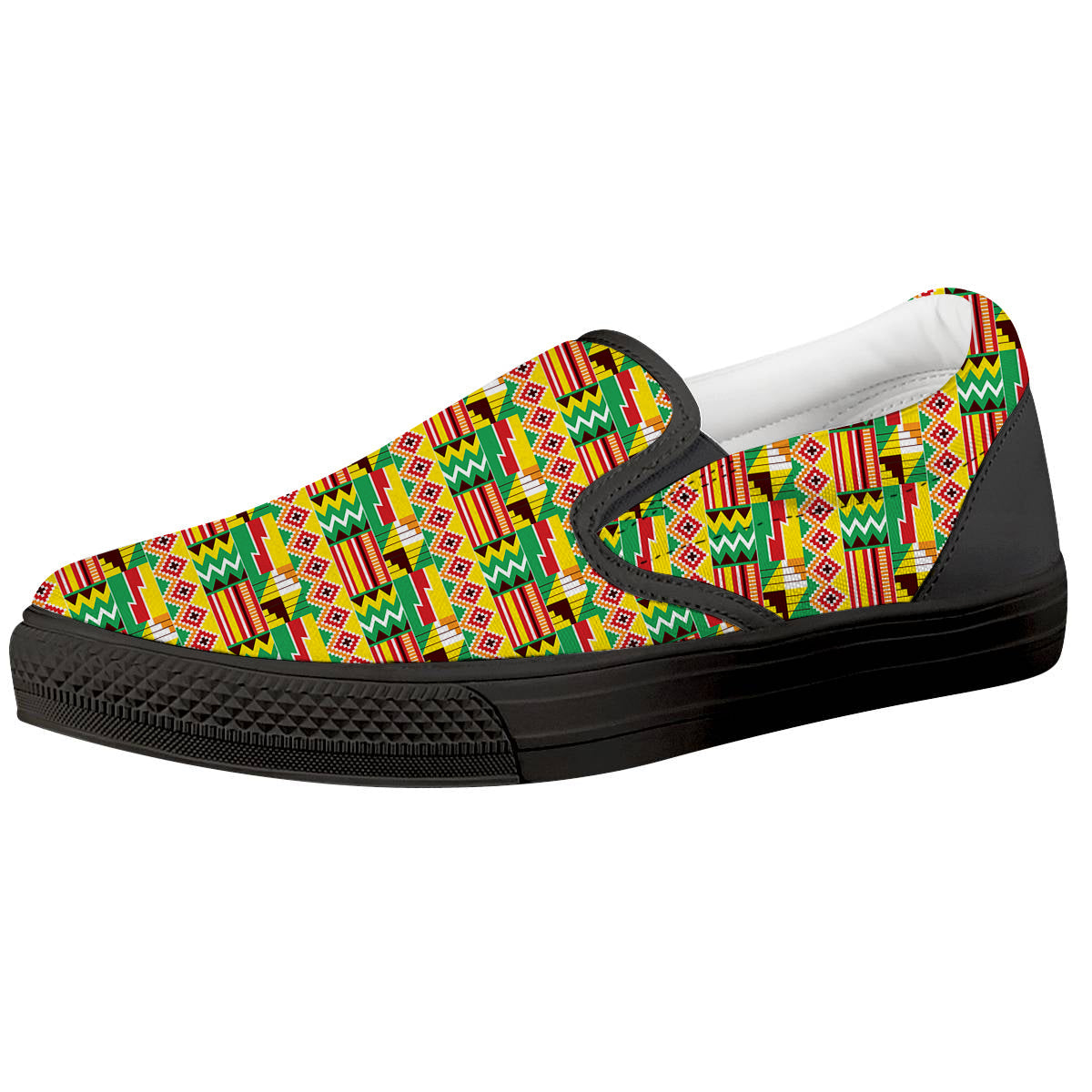 Kente Ashanti Print Pattern Black Slip On Shoes-grizzshop